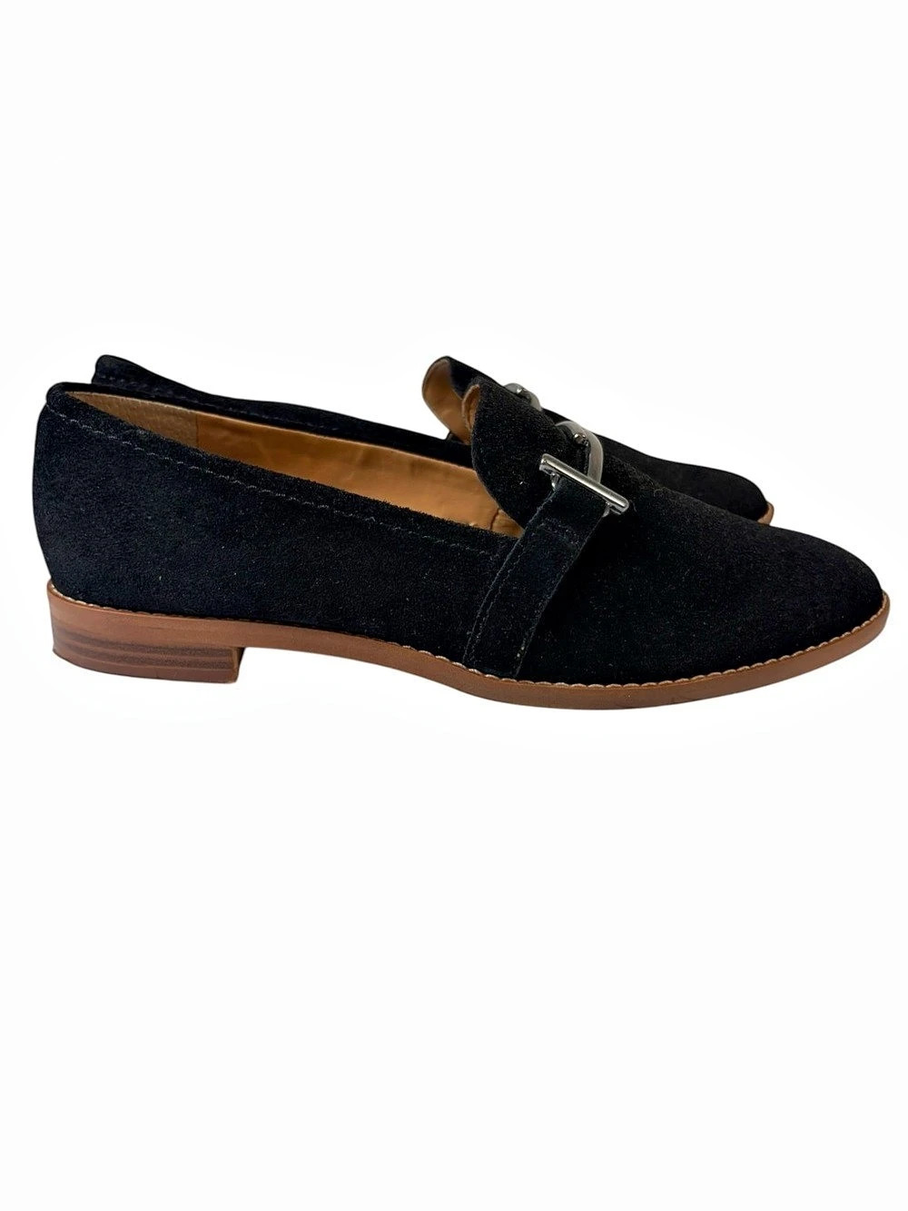 Franco Sarto Classic Black Suede Mary Jane Loafers Silver Hardware Sz7.5